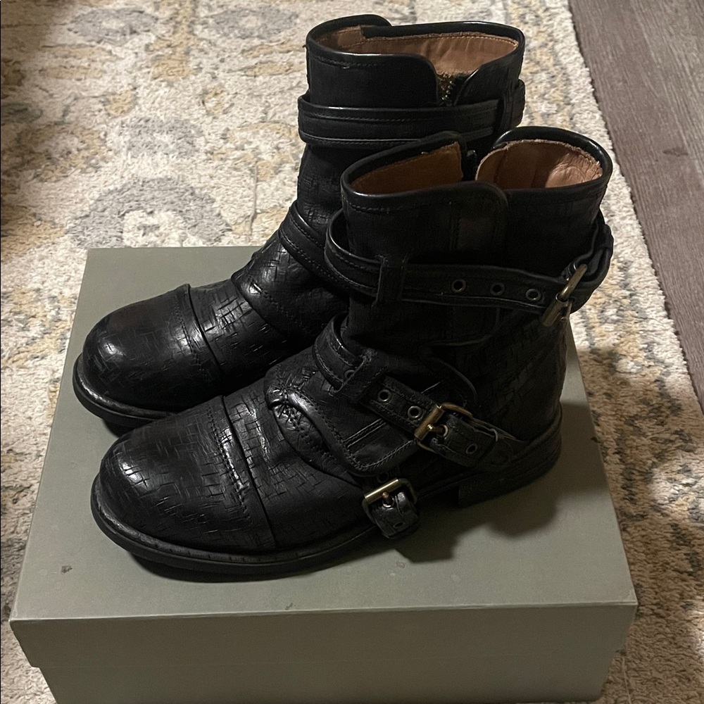 UGG Black Textured Ankle Boots with Buckles
